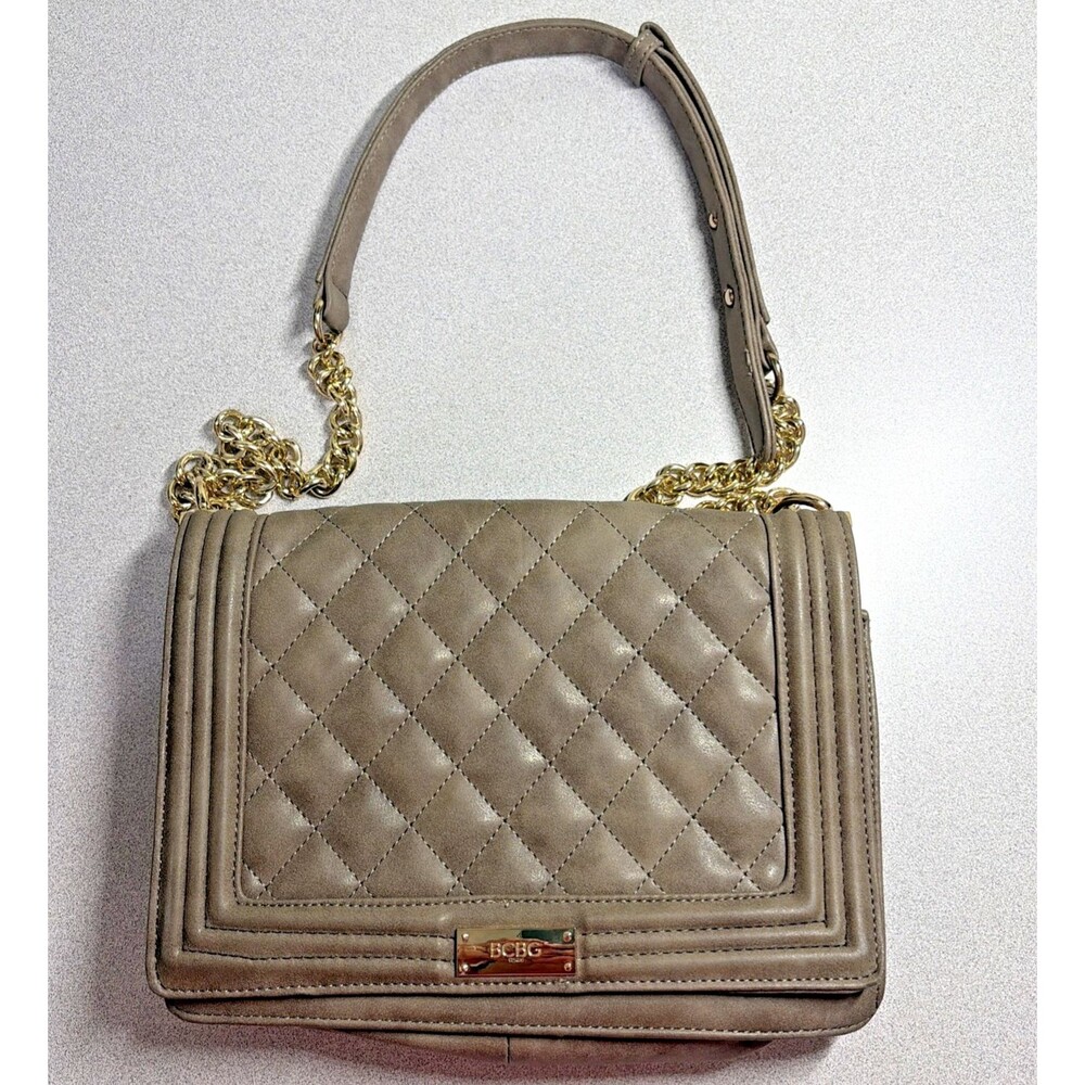 BCBG Quilted Brown Faux Suede Crossbody Bag With Gold Tone Chain Strap